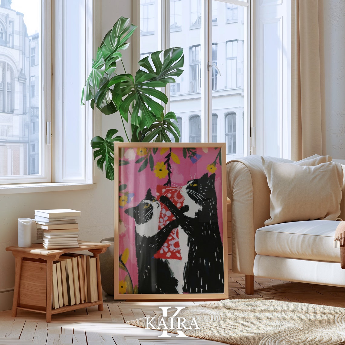 Two Tuxedo Cats Tugging Over A Red Gift Box Playful Holiday Art Poster - Image 3