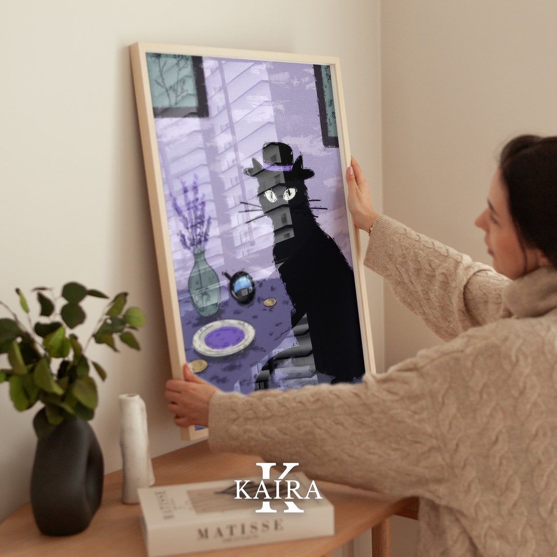 Sleuth Black Cat In Bowler Hat At Tea Table Detective Art Poster - Image 5