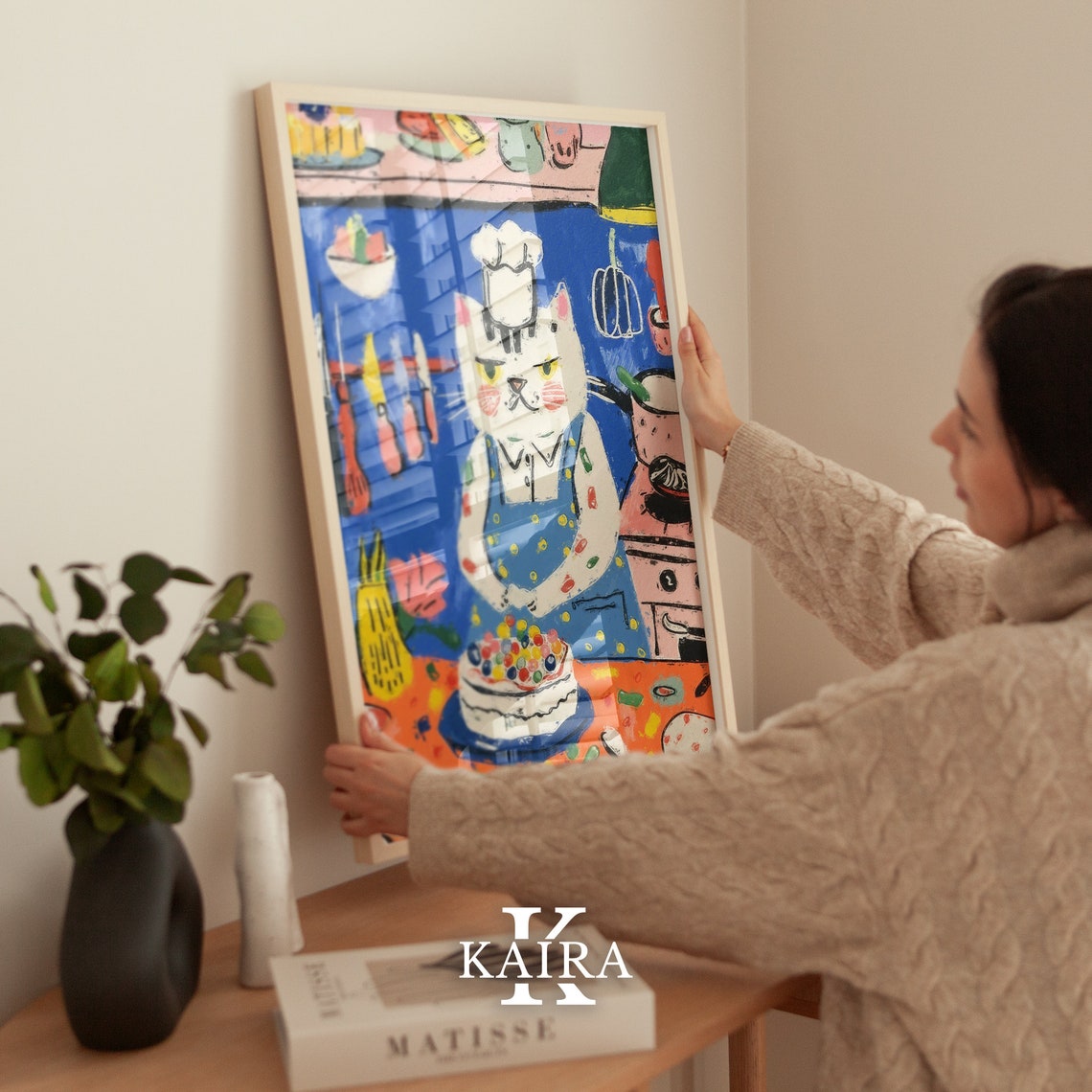 White Chef Cat Decorating a Candy Topped Cake in Blue Kitchen Poster - Image 2