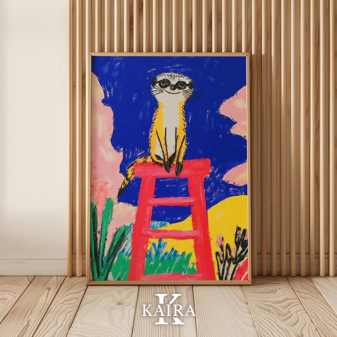 Curious Meerkat Standing Tall and Proud on a Bright Red Stool Poster
