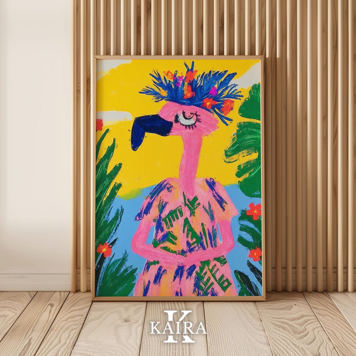 Pink Flamingo Wearing a Tropical Flower Crown on Yellow Poster - Image 4