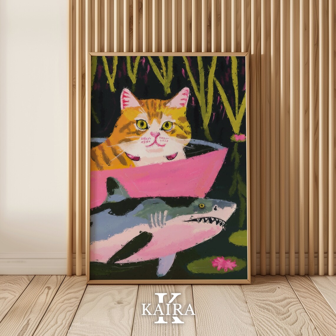 Orange Tabby Cat In Pink Tub With A Friendly Shark Playful Art Poster - Image 2