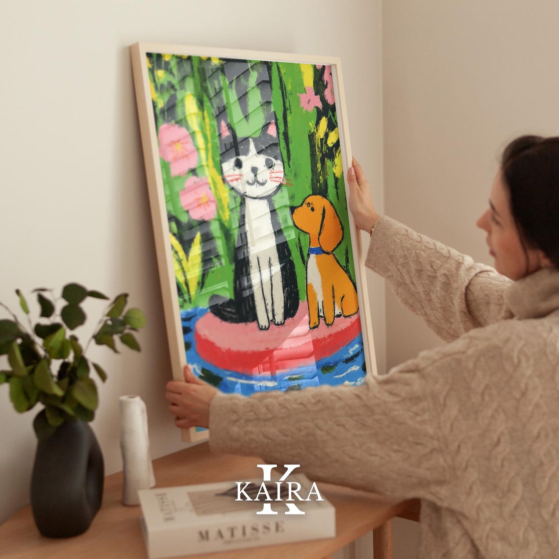Black and White Cat With an Orange Puppy by a Garden Pond Poster - Image 2