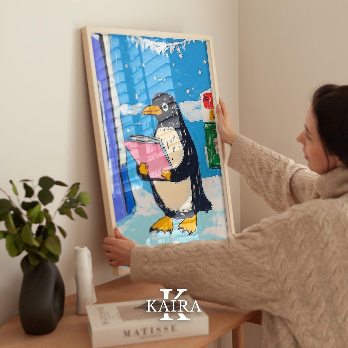 Cute Penguin Reading a Pink Book in Gently Falling Snow Poster - Image 2
