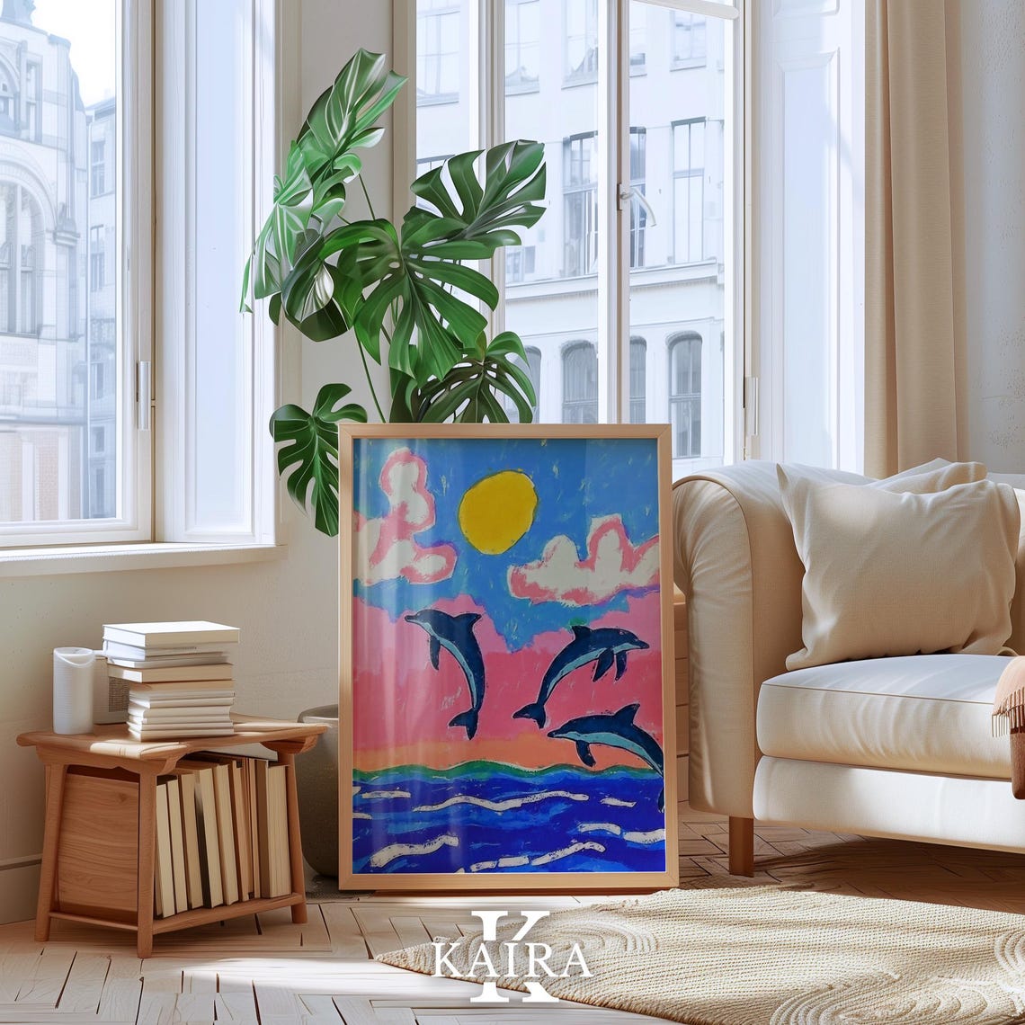 Three Dolphins Leaping Over Ocean Waves Under a Sunset Sky Poster - Image 5