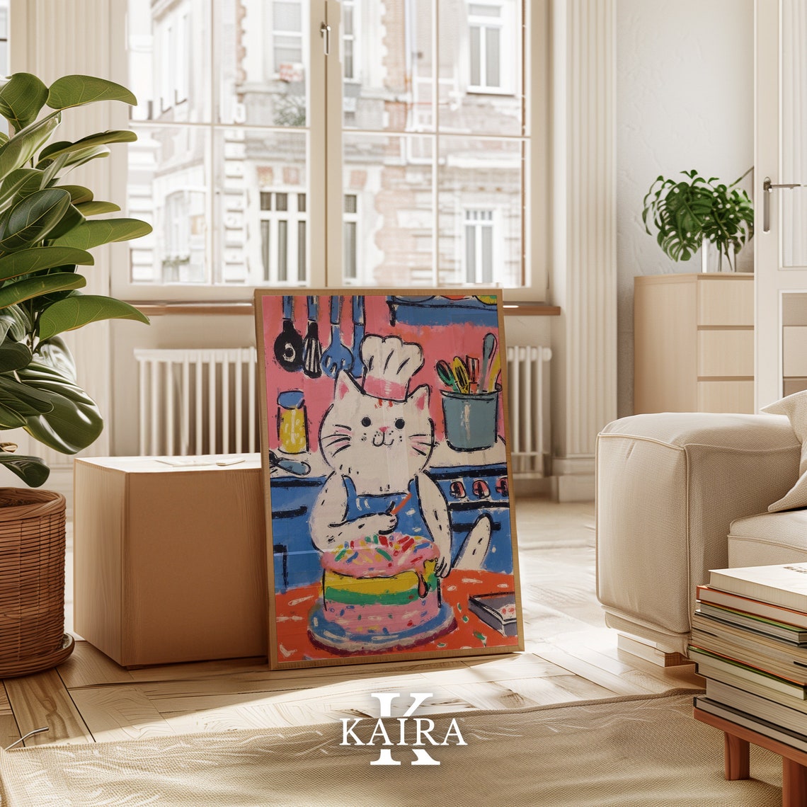 Cheerful White Cat Chef Decorating a Pink Rainbow Cake Poster - Image 4