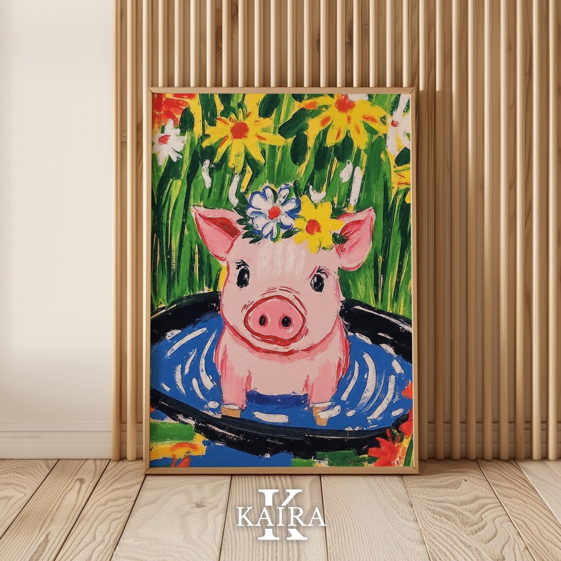 Pink Piglet Bathing in a Blue Tub Wearing a Flower Crown Poster - Image 5