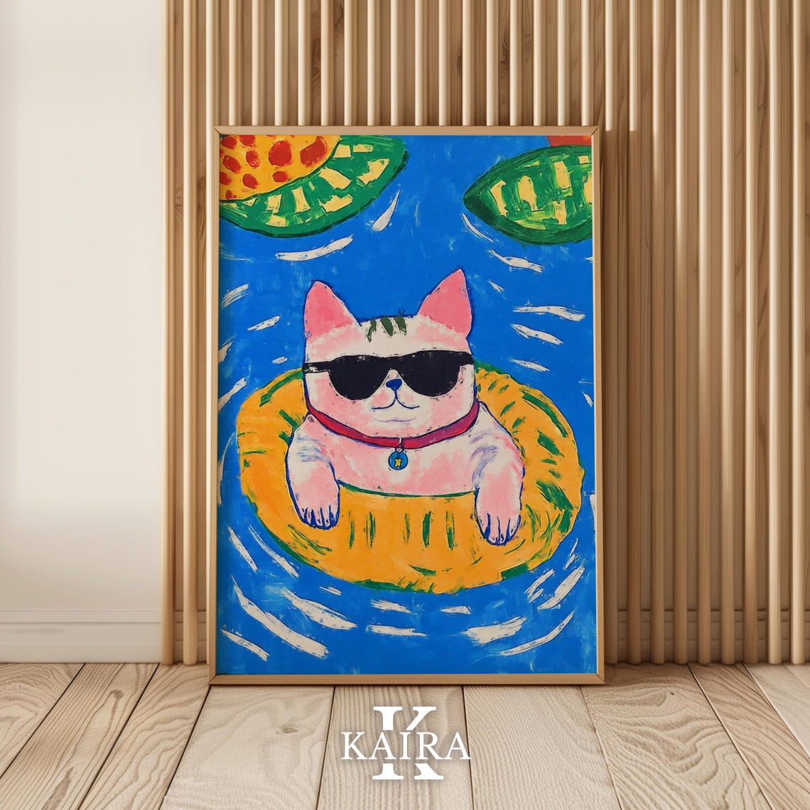 Cool Cat in Sunglasses Floating on a Yellow Pool Float Poster
