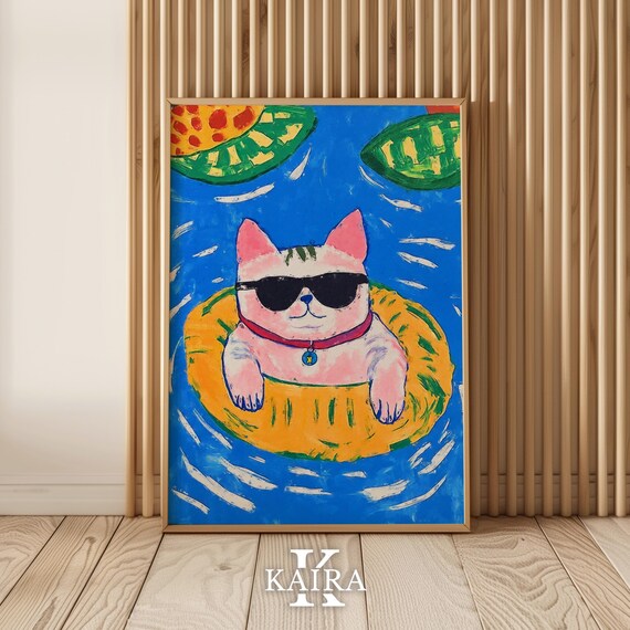 Cool Cat in Sunglasses Floating on a Yellow Pool Float Poster