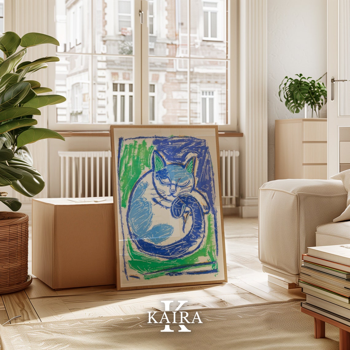 Calm Blue Cat Sleeping Curled Up Abstract Cat Painting Poster - Image 3