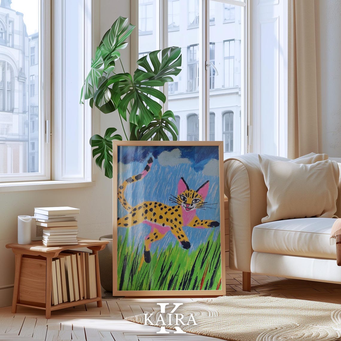 Spotted Wild Cat Leaping Through the Rain Over Tall Grass Poster - Image 4