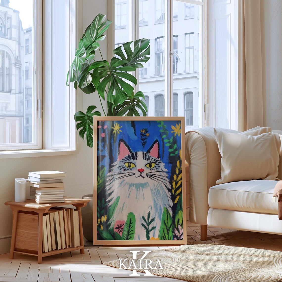 Fluffy White Cat With Yellow Eyes in a Moonlit Garden Poster - Image 4