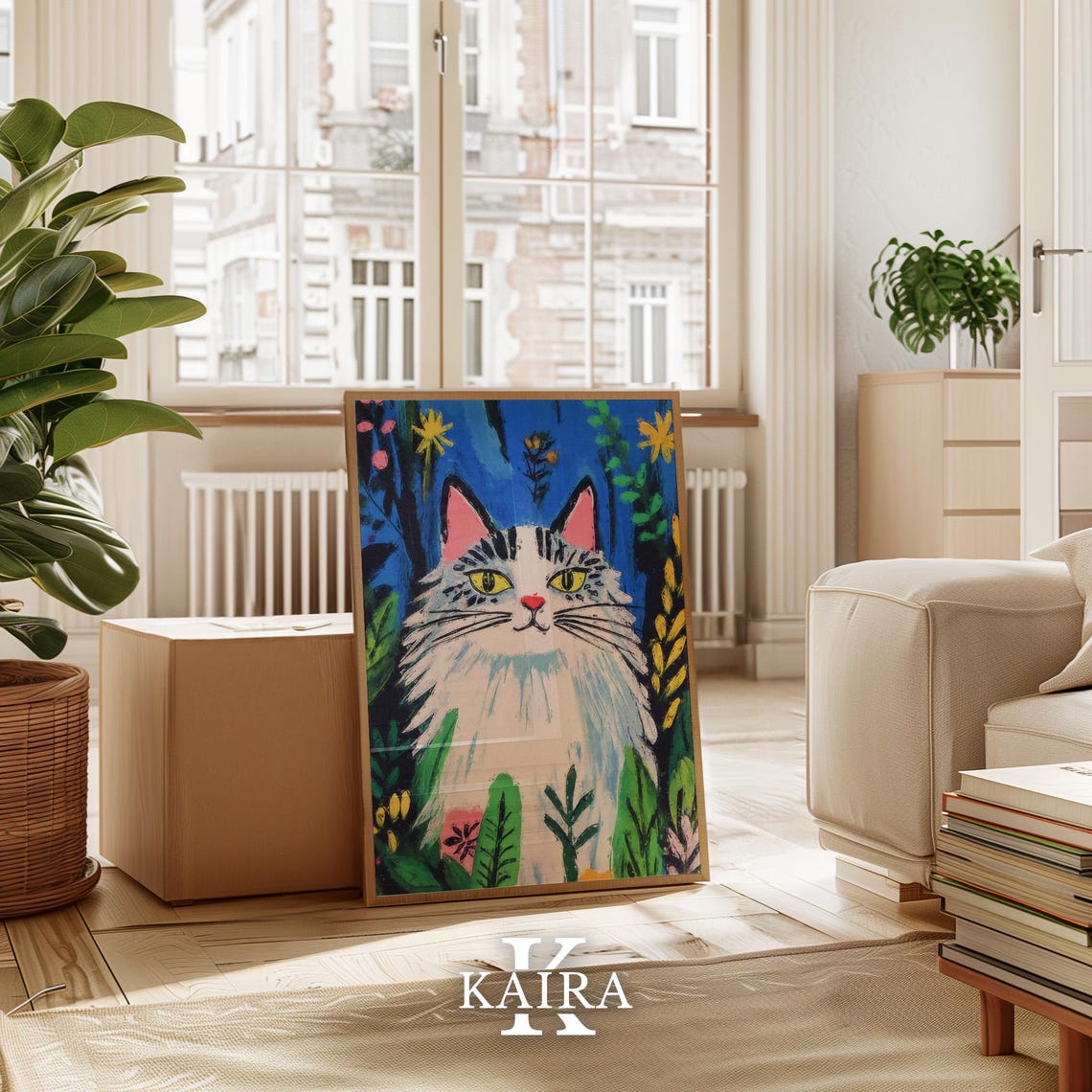 Fluffy White Cat With Yellow Eyes in a Moonlit Garden Poster - Image 3