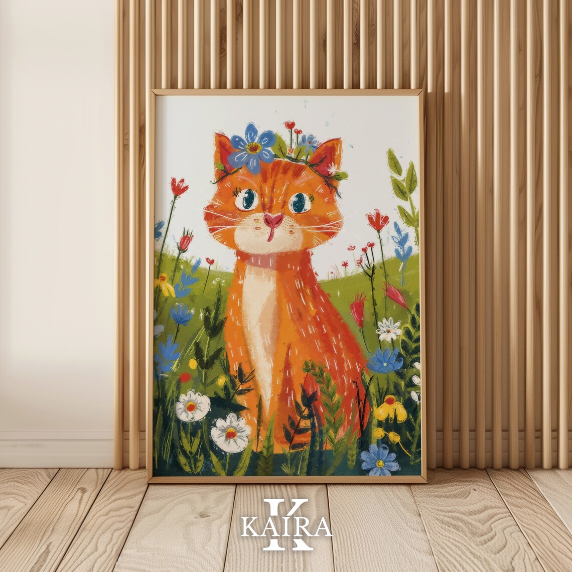 Whimsical Orange Tabby Cat With Flower Crown in Wildflower Field Poster - Image 2