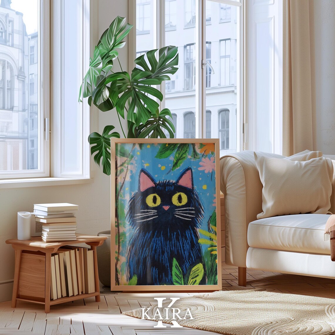 Fluffy Black Cat with Golden Yellow Eyes in a Blooming Garden Poster - Image 4