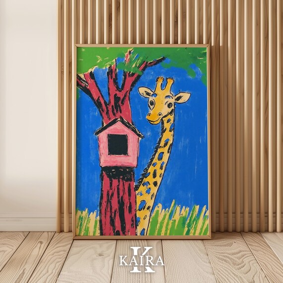 Smiling Giraffe Beside a Red Tree With a Pink Birdhouse Poster