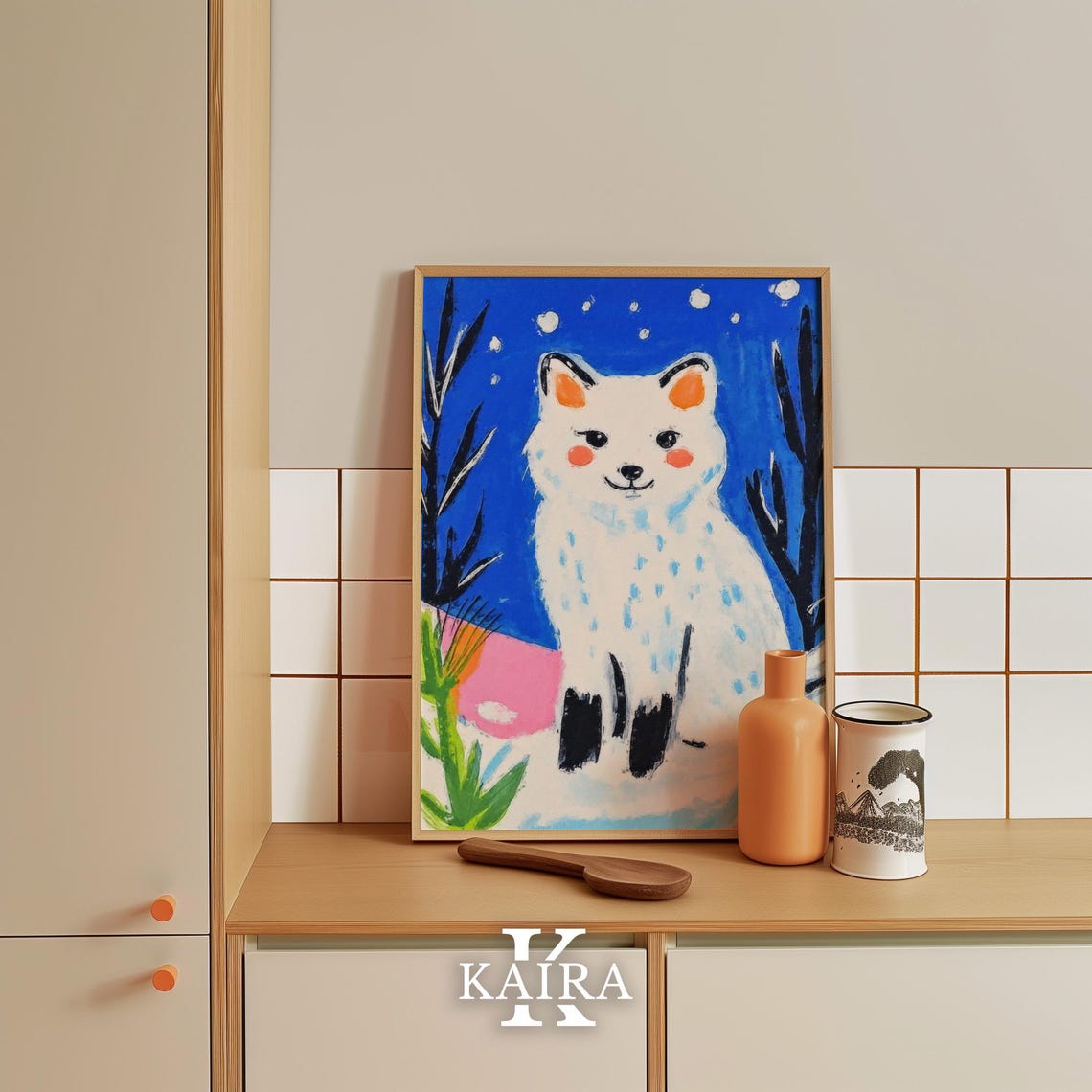 Cute White Arctic Fox Under a Deep Starry Snowy Night Sky Poster