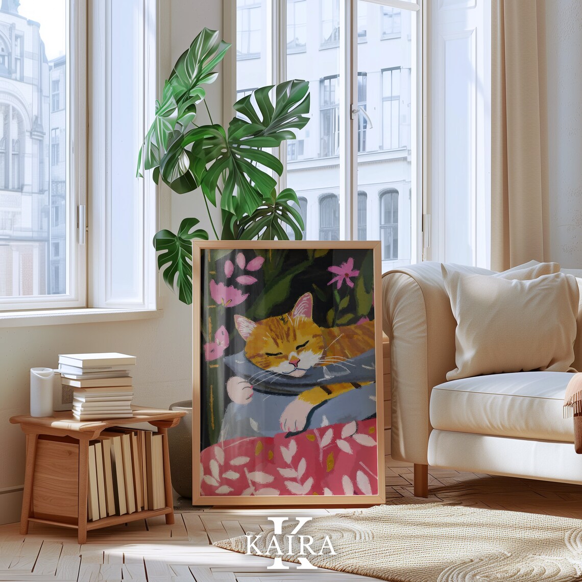 Ginger Cat Napping On Blue Cushion Among Pink Flowers Art Poster - Image 4