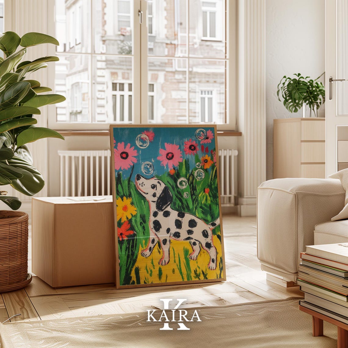 Dalmatian Puppy Watching Floating Bubbles Among Pink Flowers Poster - Image 3