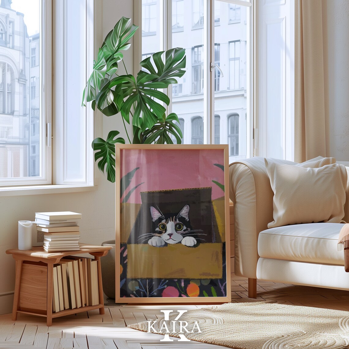 Wide Eyed Calico Kitten Peeking Out Of A Cardboard Box Cute Art Poster - Image 3