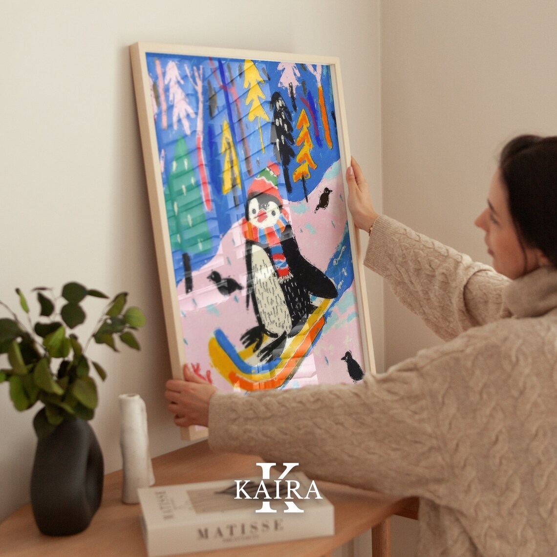 Bundled Up Penguin Sledding Down a Snowy Rainbow Forest Hill Poster - Image 3