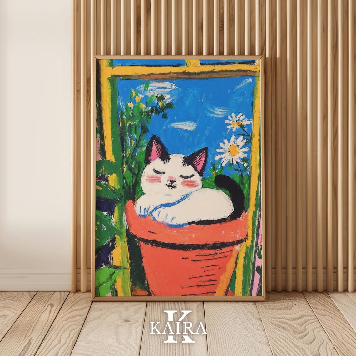 White Cat Dozing in a Terracotta Pot by a Sunny Window Poster