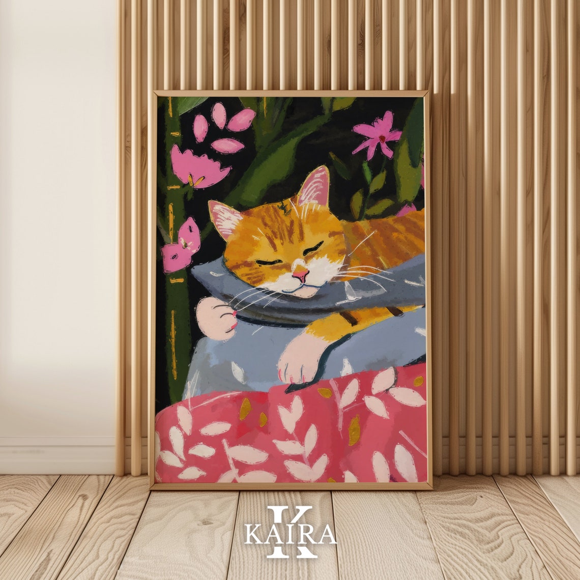 Ginger Cat Napping On Blue Cushion Among Pink Flowers Art Poster - Image 2