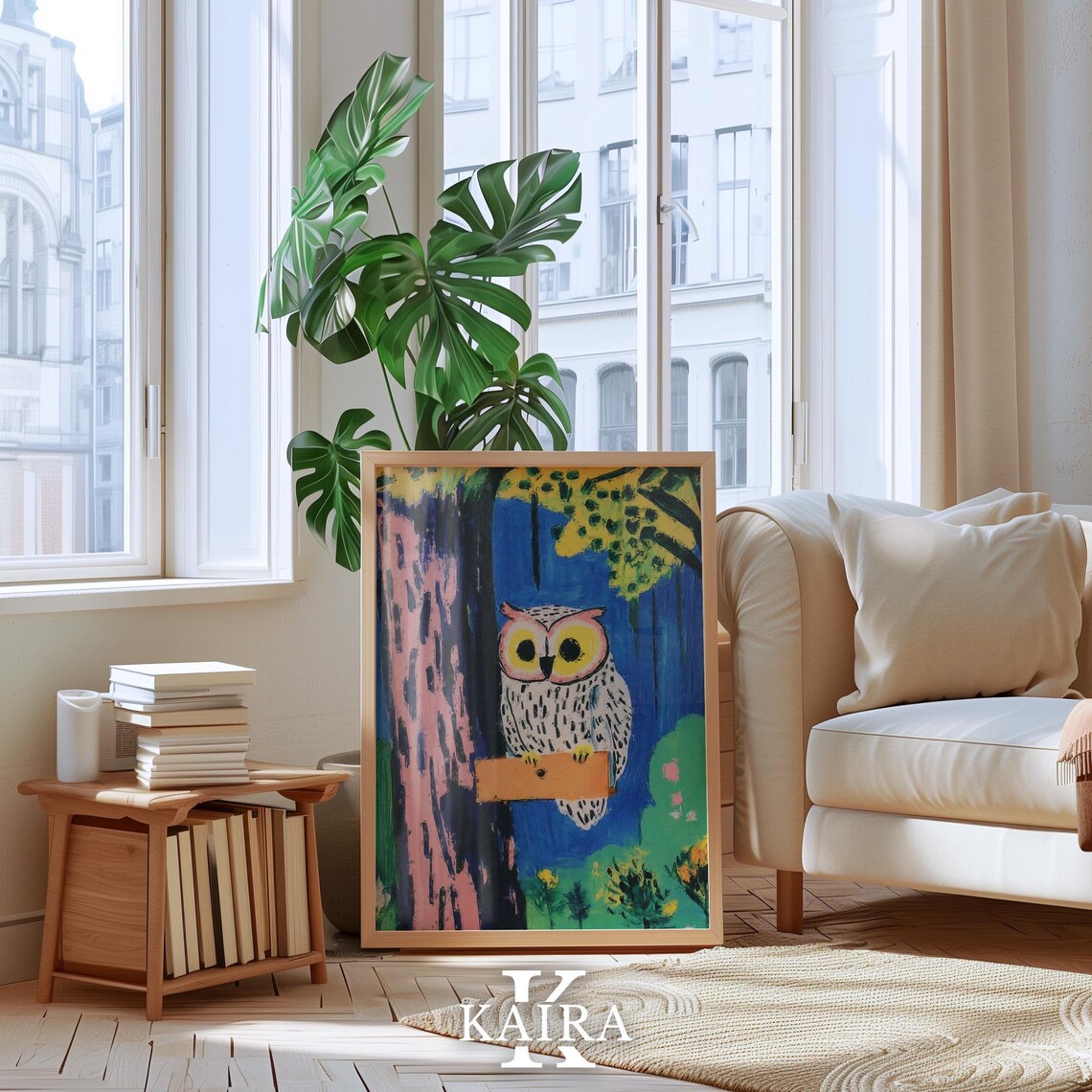 White Owl Perched On A Wooden Sign In A Colorful Forest Poster - Image 4