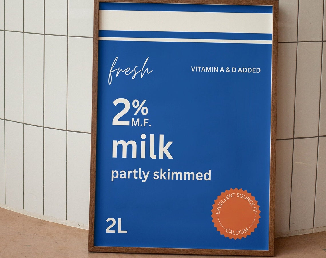 Canadian Style 2 Percent Milk Bag Label Retro Blue Kitchen Poster