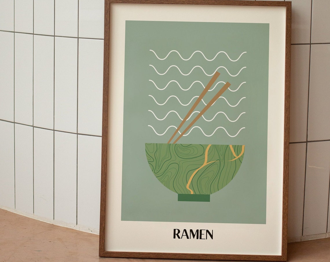 Minimalist Green Ramen Bowl With Chopsticks Japanese Wall Art