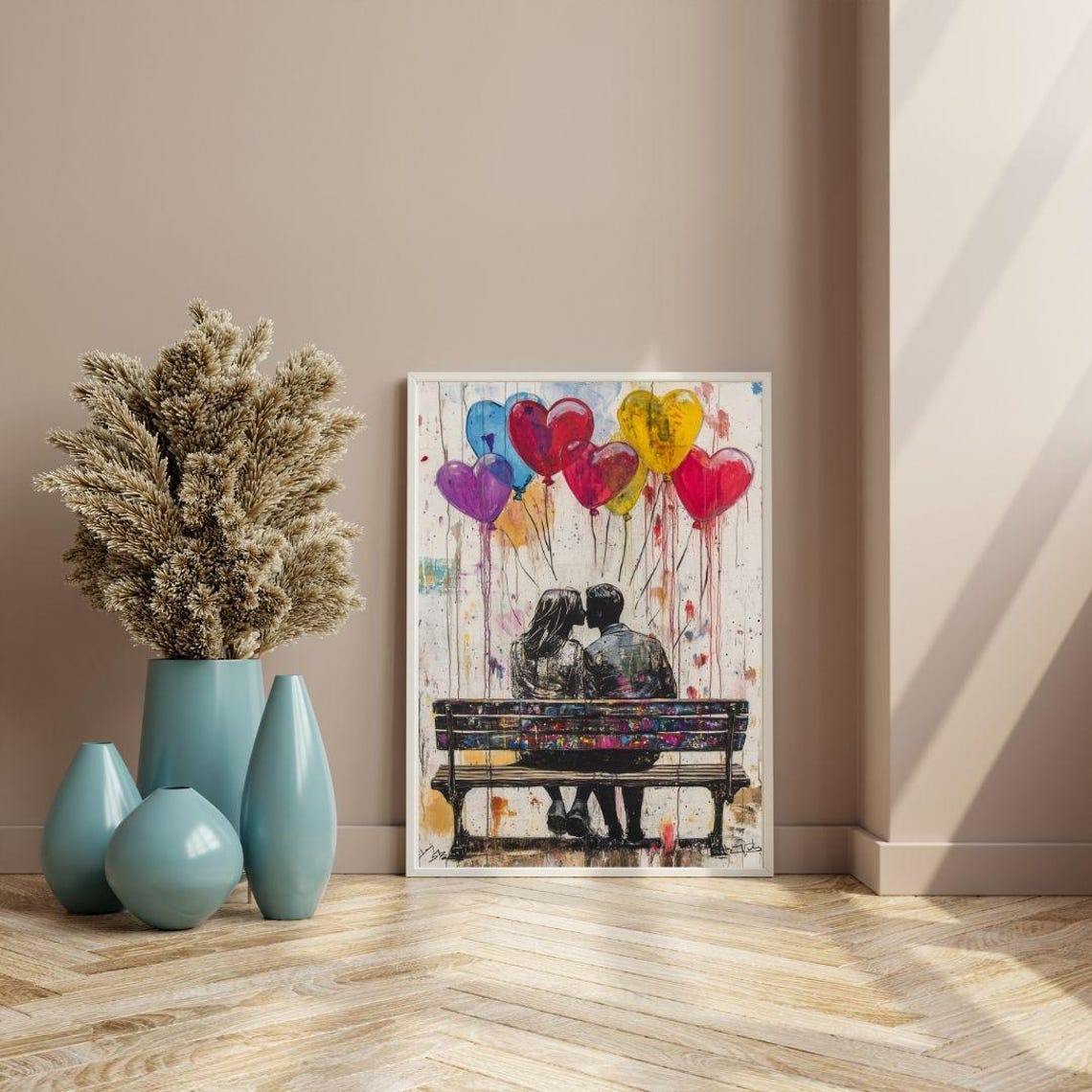 Romantic Couple Heart Balloons Bench Modern Anniversary Love Poster - Image 3