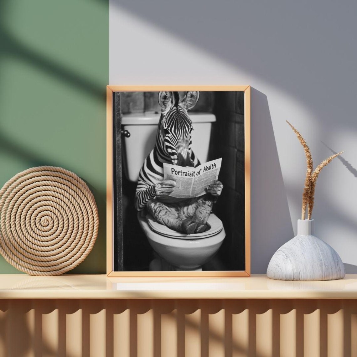Zebra Reading Newspaper On Toilet Print Black And White Bathroom Humor Poster - Image 3