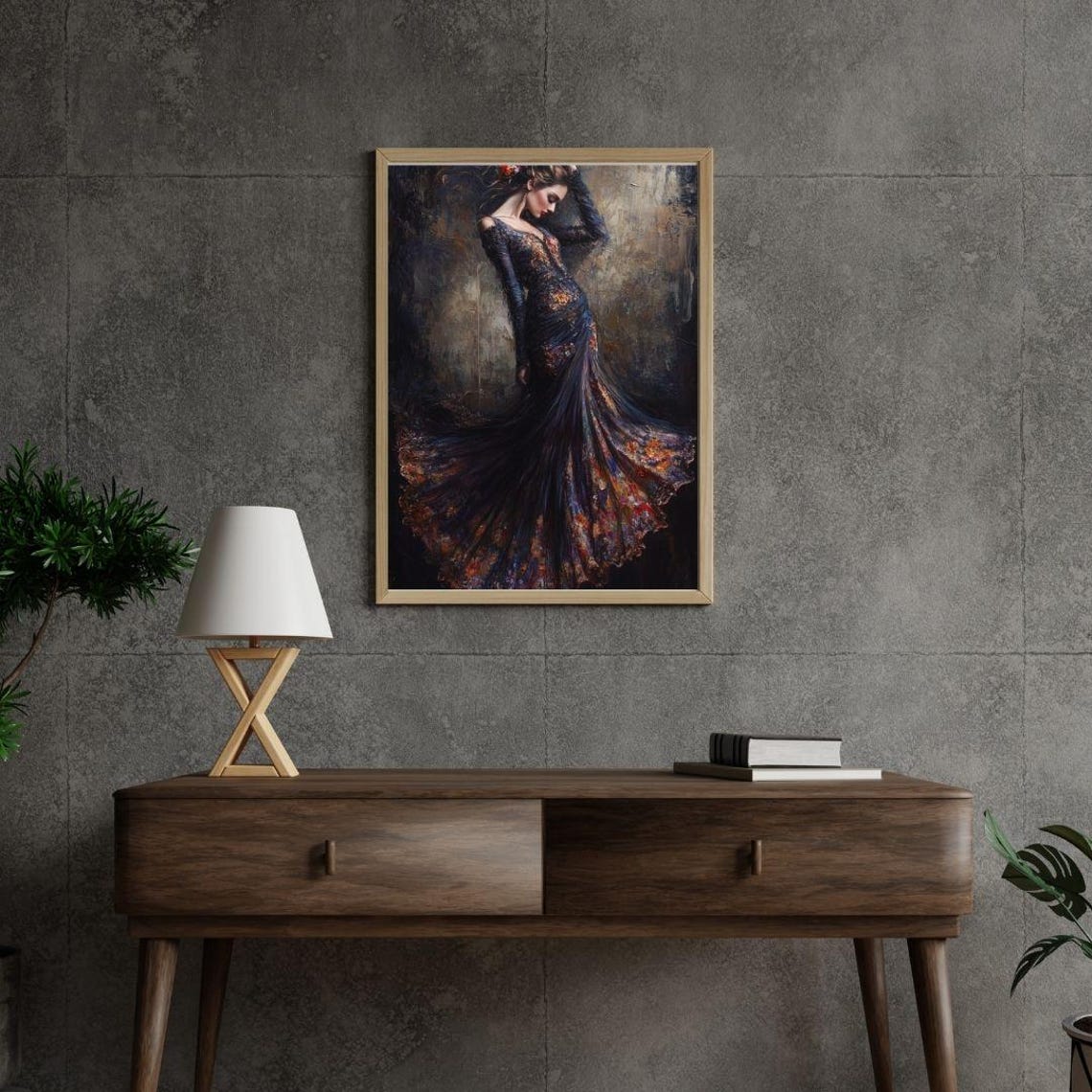 Woman In Flowing Dress Art Print Dark Romantic Art Moody Fashion Illustration Feminine Grace Wall Decor Floral Gown Art - Image 2
