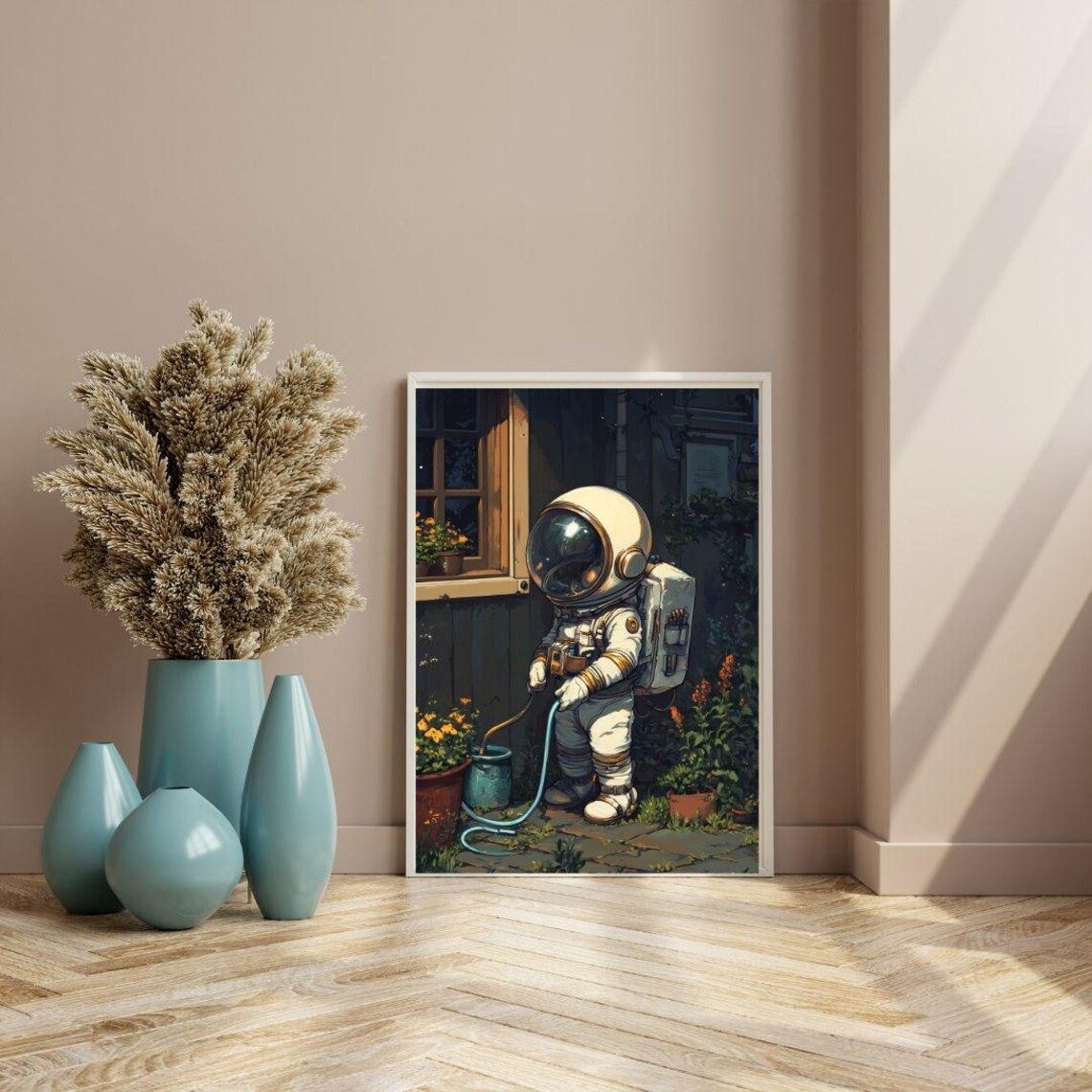 Whimsical Astronaut Watering Plants Print Cute Space Gardener Night Art Poster - Image 3