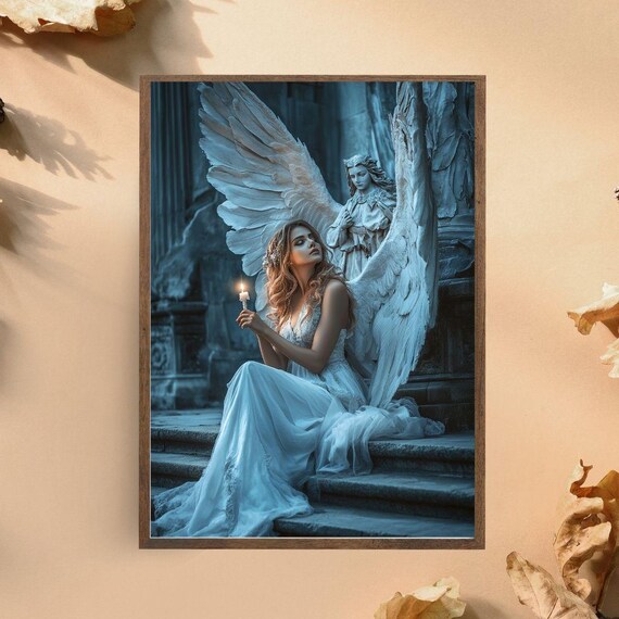 Angelic Woman With White Wings Holding Candle Ethereal Night Poster