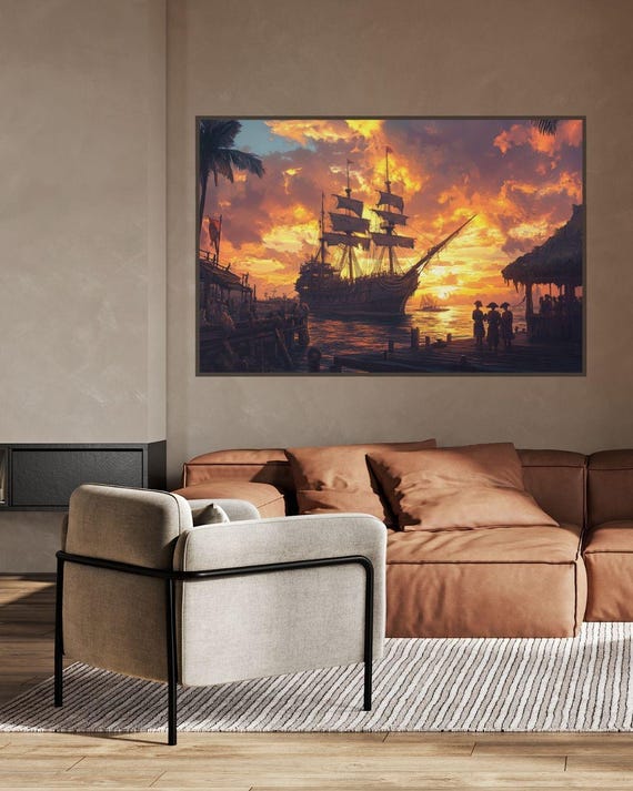 Sunset Pirate Ship Art Sailing Ship Dock Scene Tropical Port Painting Pirate Adventure Decor Sunset Ocean Landscape Wall Art Print