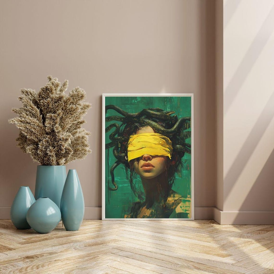 Blindfolded Medusa Art Print Surreal Mythological Wall Decor Bold Modern Portrait Unique Fantasy Artwork - Image 3