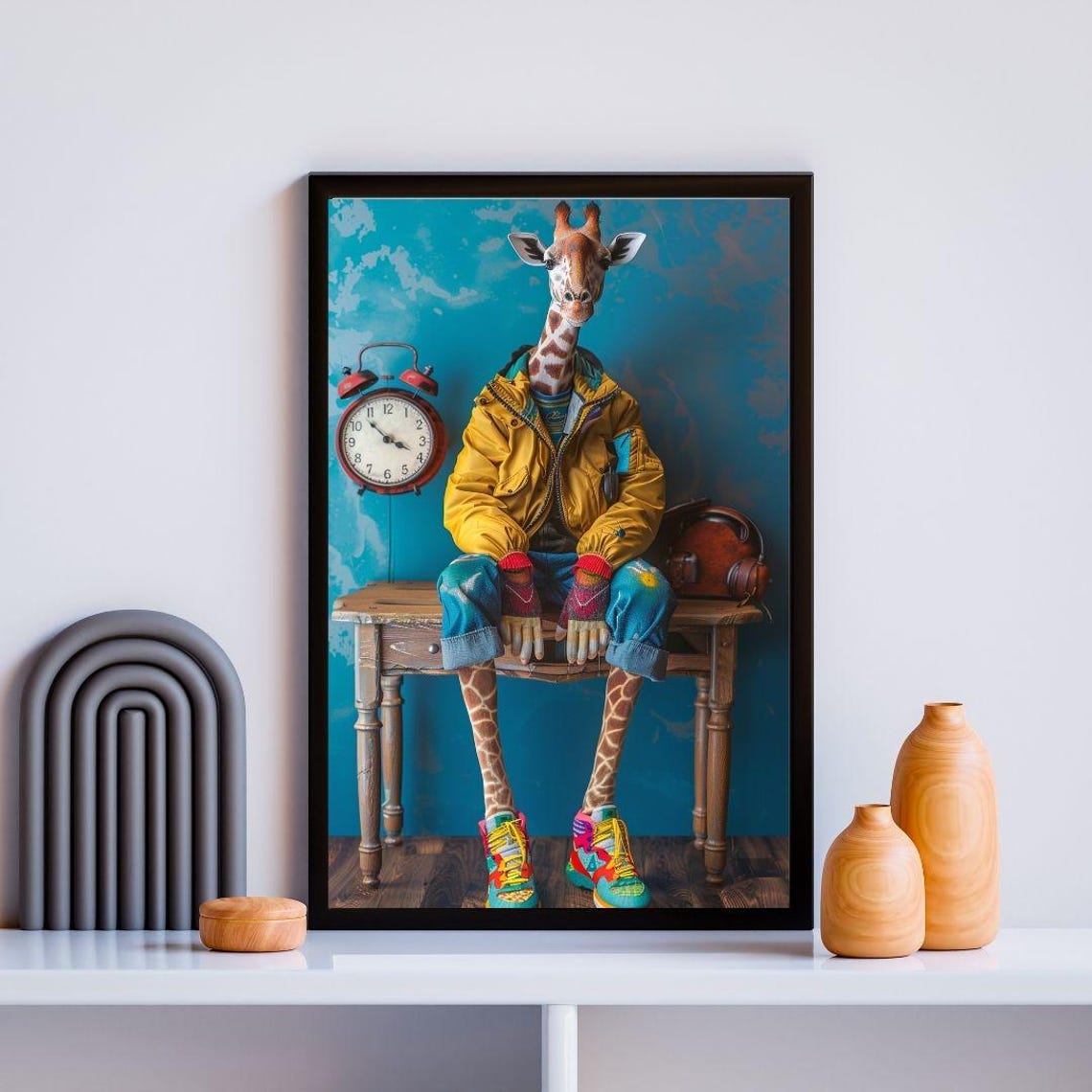 Hipster Giraffe Yellow Jacket Sneakers Quirky Animal Character Poster - Image 2