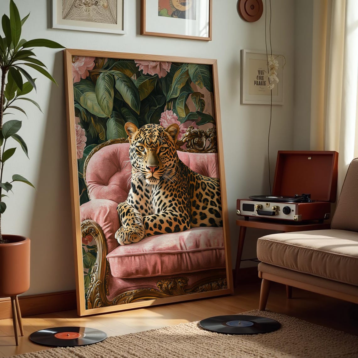 Leopard Lounging Pink Velvet Sofa Tropical Floral Exotic Art Poster