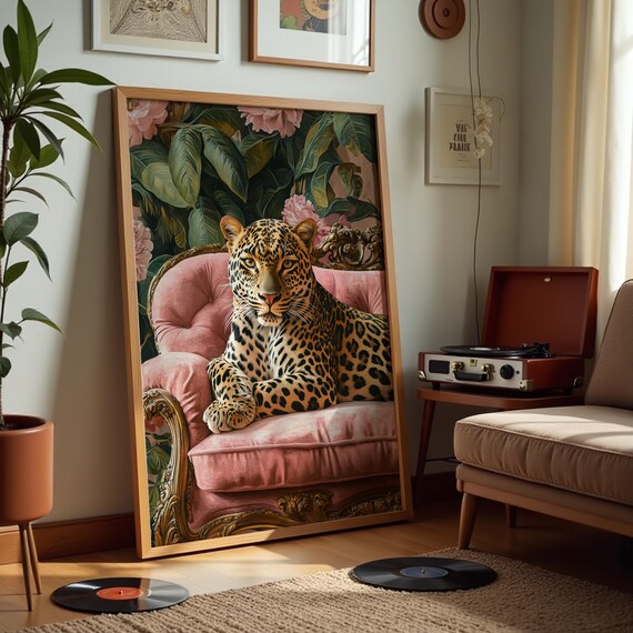 Leopard Lounging Pink Velvet Sofa Tropical Floral Exotic Art Poster