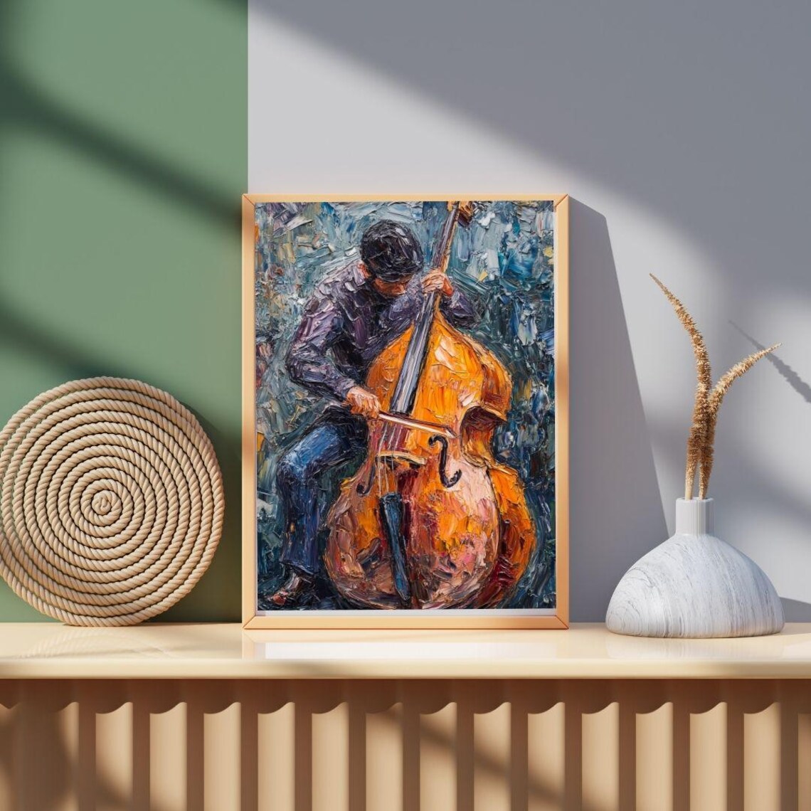 Double Bass Player Passionate Musician Textured Impasto Jazz Painting Poster - Image 2
