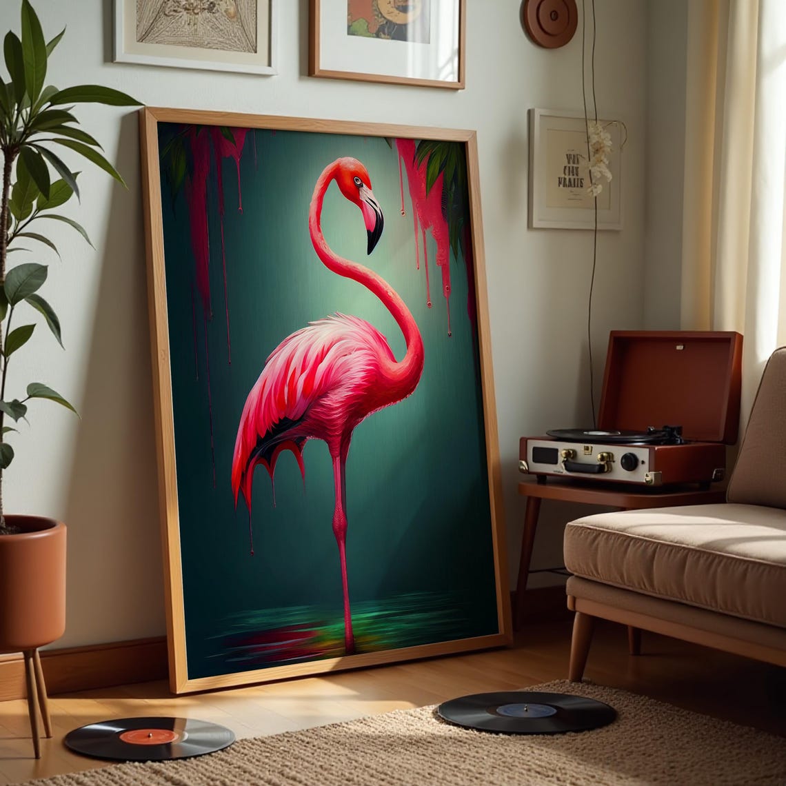 Pink Flamingo Standing Dripping Paint Teal Abstract Art Poster