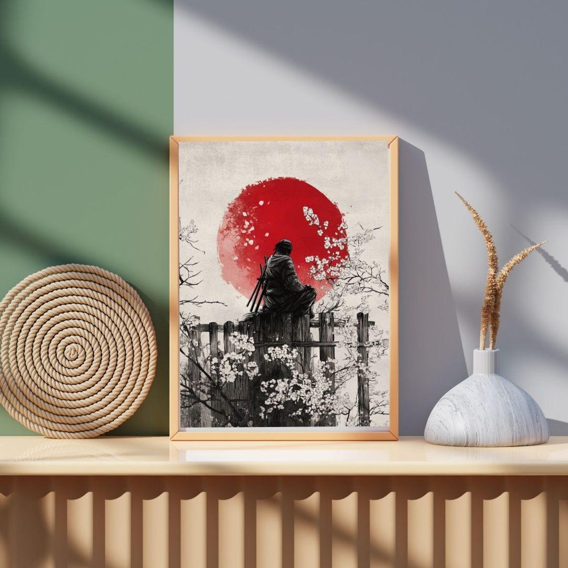 Samurai And Cherry Blossoms Art Print Japanese Sun Ink Painting Zen Warrior Wall Decor - Image 3