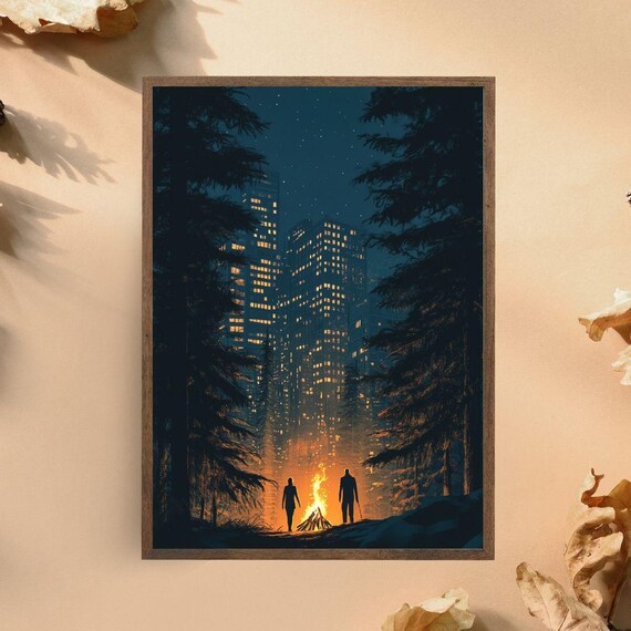 City Skyline Meets Wilderness Art Print Urban Forest Night Scene Bonfire In The Woods With Skyscrapers Background Adventure Wall Decor