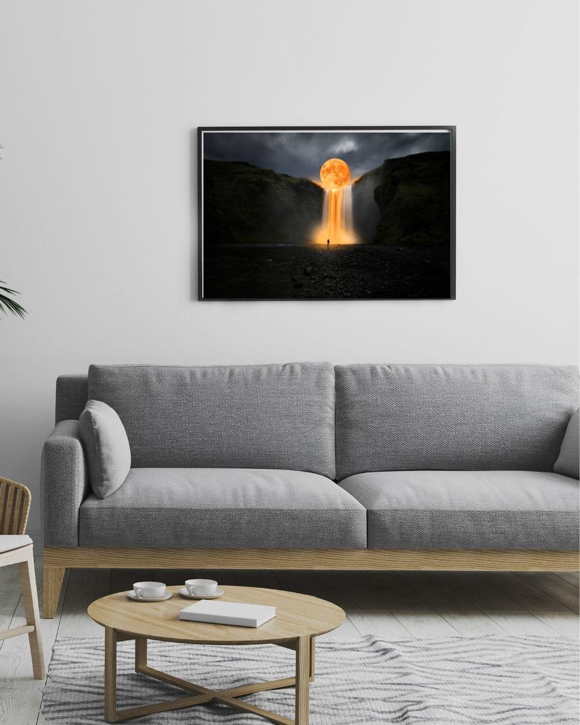 Moonlit Waterfall Art Print Surreal Night Sky Wall Art Framed Dreamlike Landscape Decor Cosmic Nature Scene - Image 2