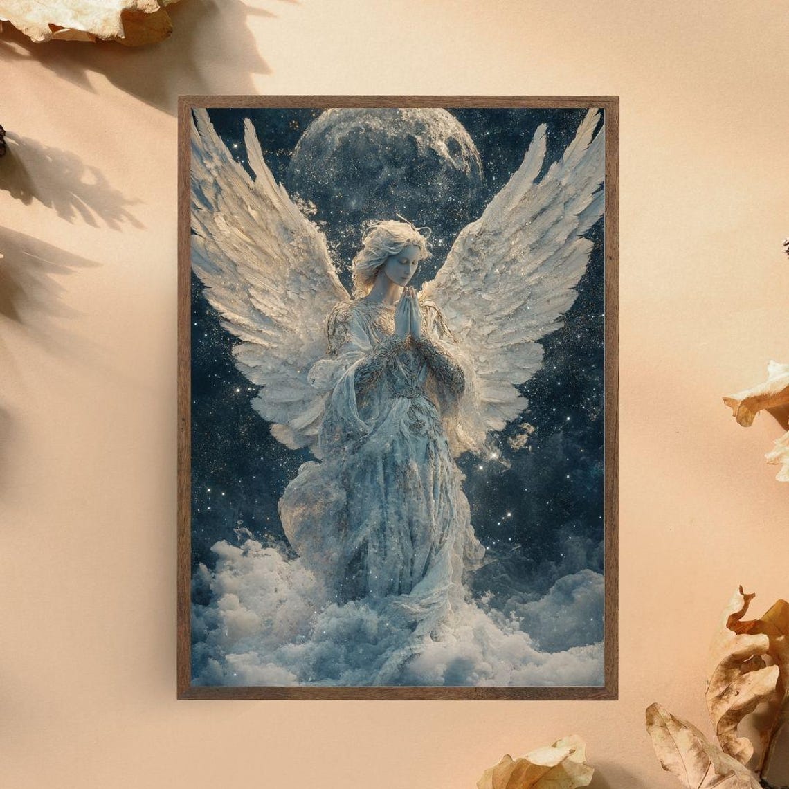 Moonlit Angel Praying Under Full Moon White Wings Celestial Art Poster