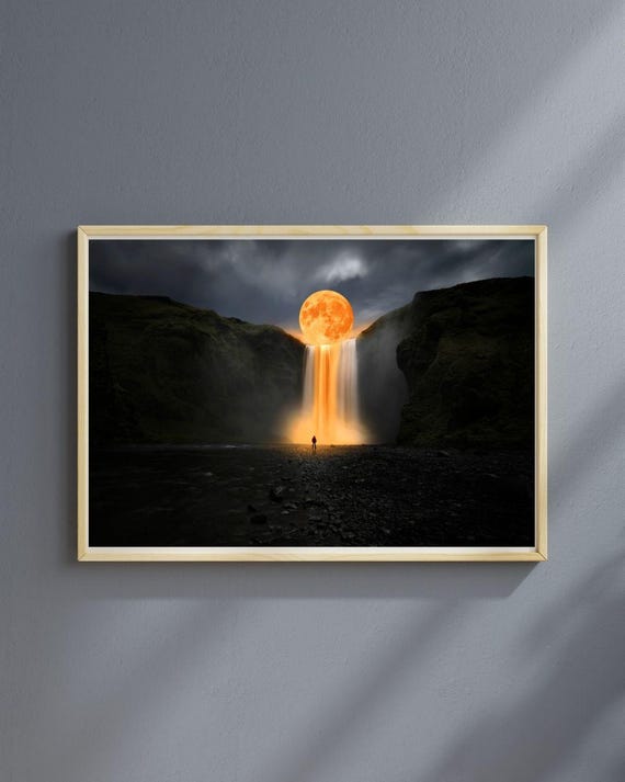 Moonlit Waterfall Art Print Surreal Night Sky Wall Art Framed Dreamlike Landscape Decor Cosmic Nature Scene