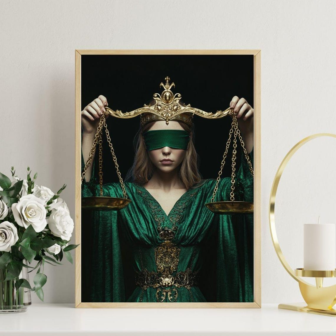Lady Justice Blindfolded Emerald Gown Golden Scales Art Poster