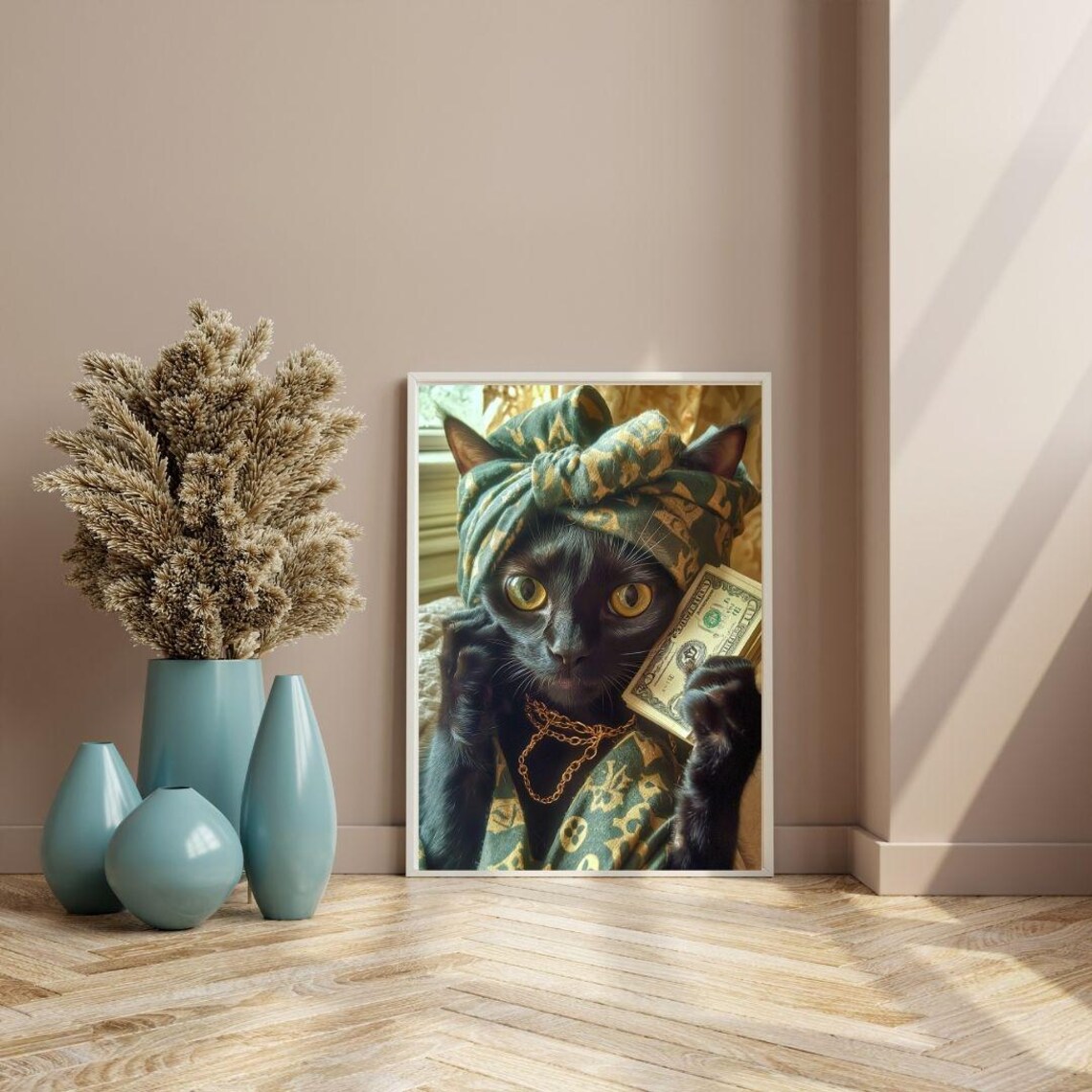 Rich Black Cat With Gold Chain Holding Dollar Bills Quirky Animal Poster - Image 3