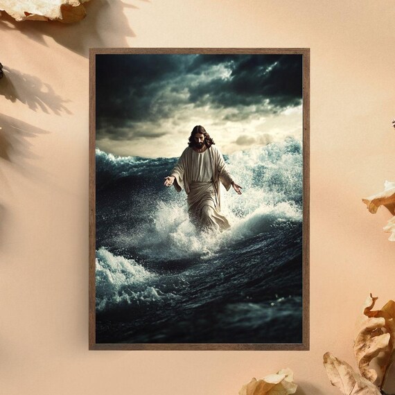Jesus Christ Walking On Stormy Ocean Waves Dramatic Christian Faith Wall Poster